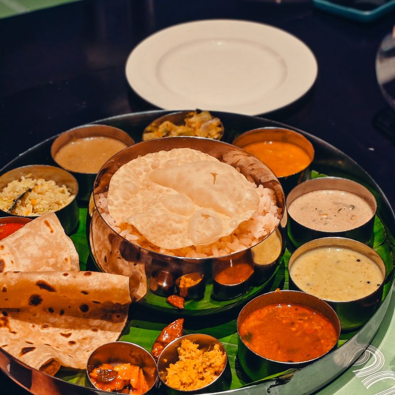South Indian veg thali on a banana leaf